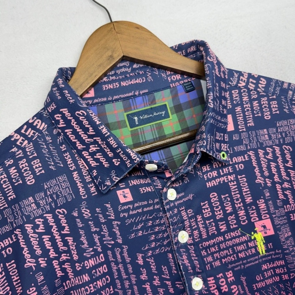 William Murray Polo Shirt Mens Medium Blue Pink Script Print Golfing Geometric